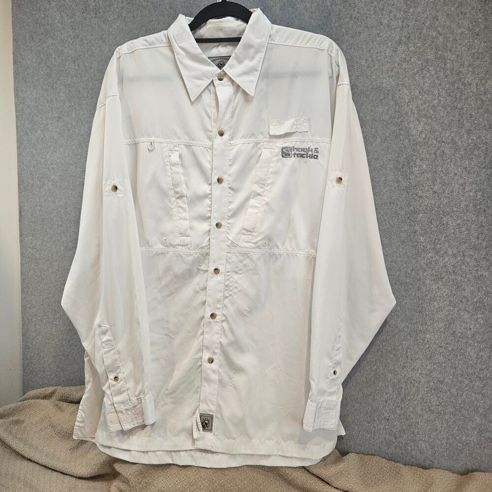 Hook & Tackle Fishing Shirt Men's 2Xl White Button Up Long Sleeve 100% Cotton